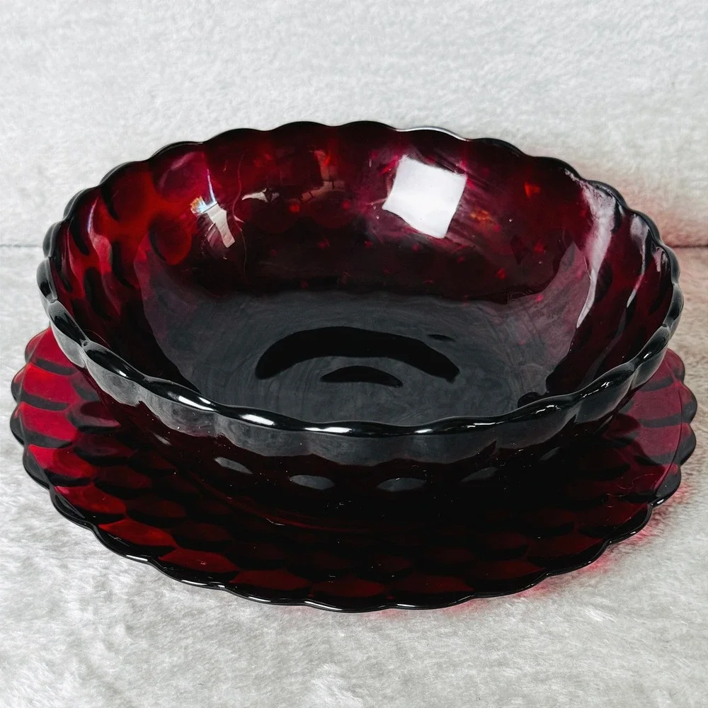 Anchor Hocking Ruby Red Glass Serving Bowl Plate Set Bubble Scalloped Vintage